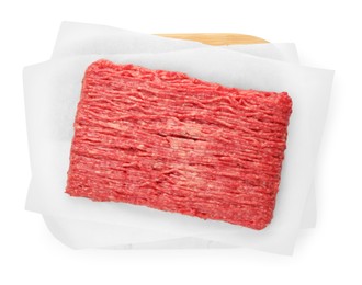 Photo of Raw fresh minced meat on white background, top view