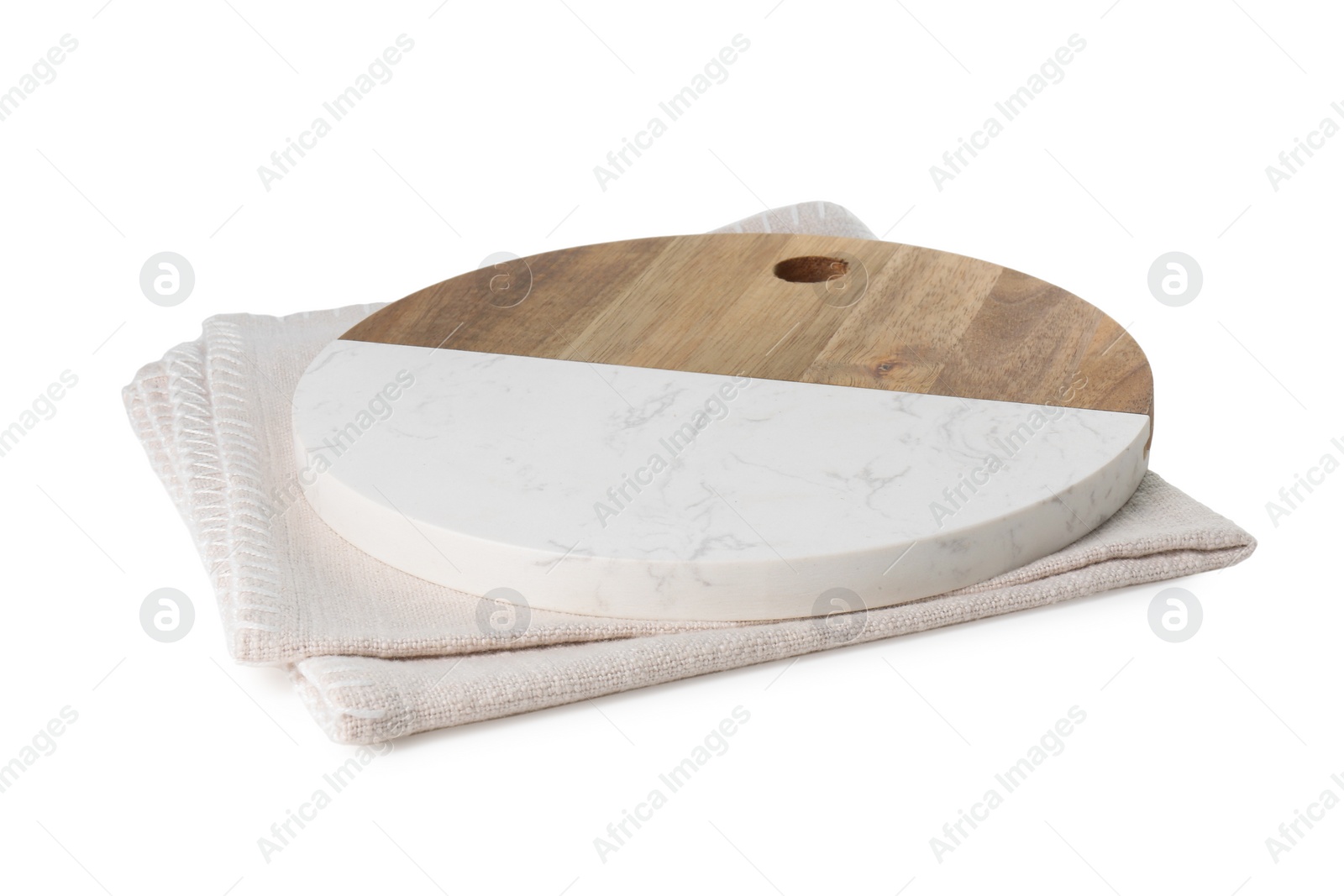 Photo of Cutting board and kitchen towel on white background