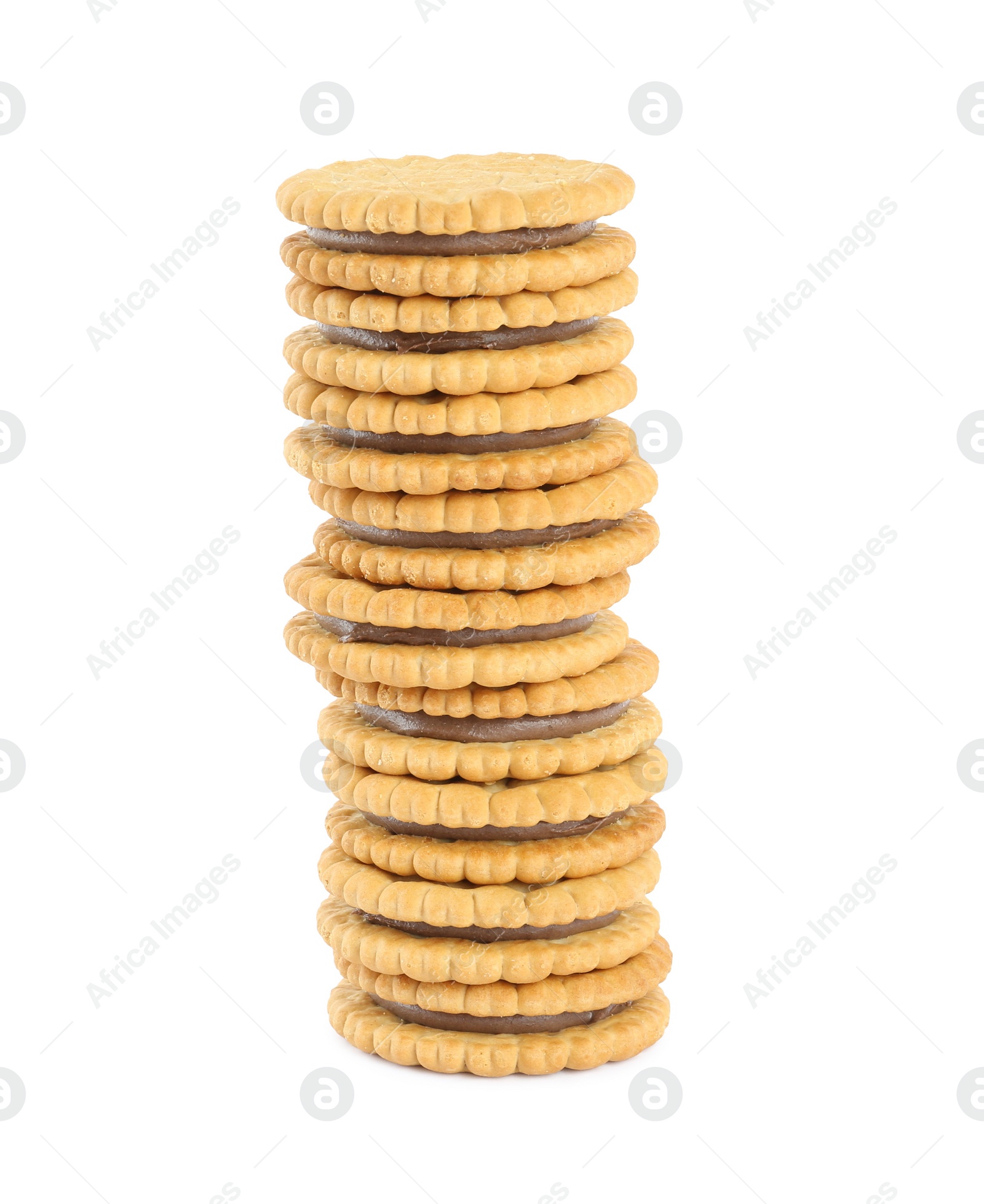 Photo of Stack of tasty sandwich cookies with chocolate cream on white background