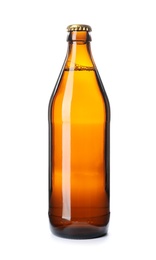 Bottle of cold beer on white background