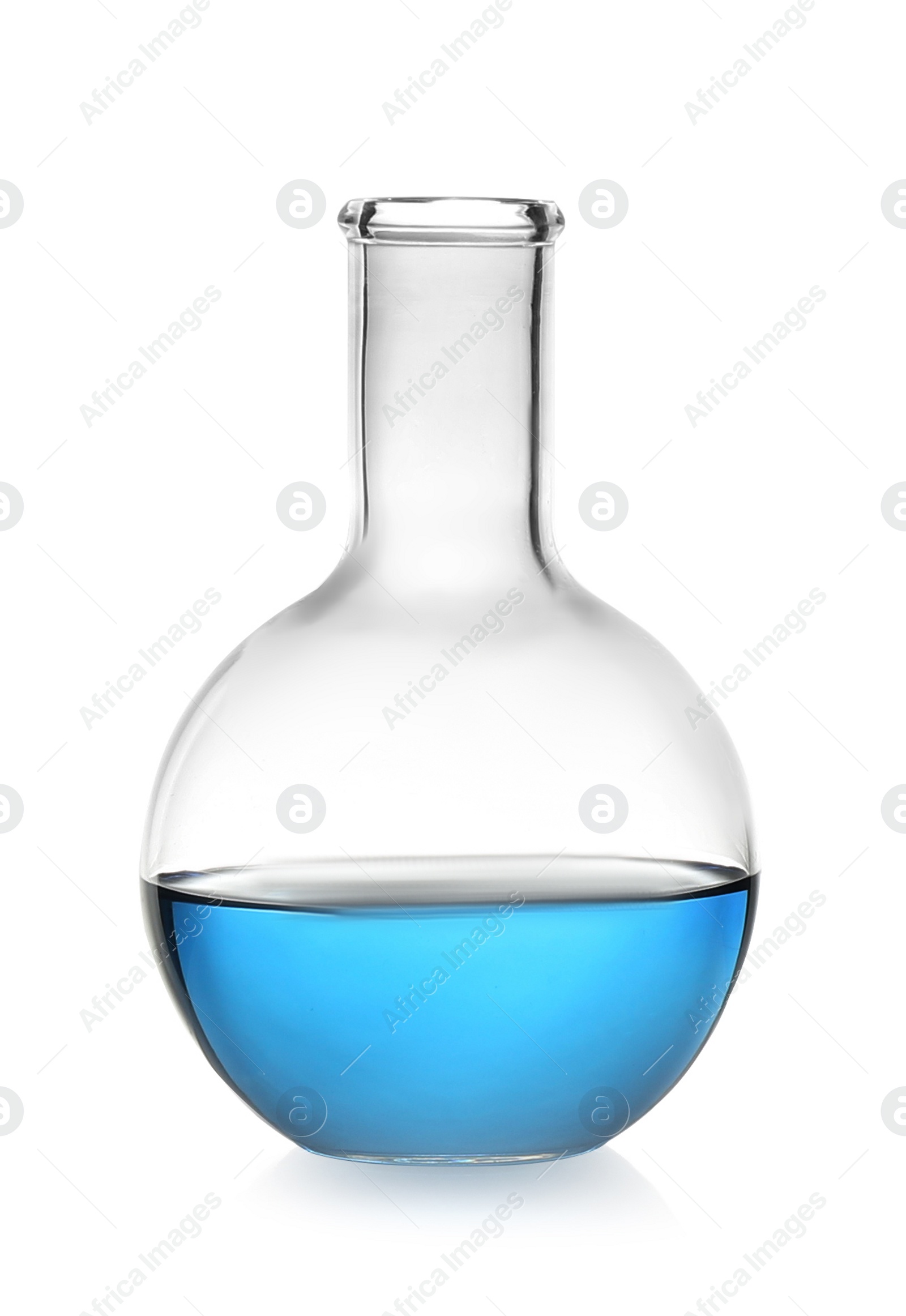 Photo of Florence flask with blue liquid isolated on white