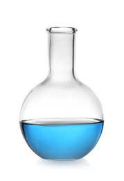 Photo of Florence flask with blue liquid isolated on white