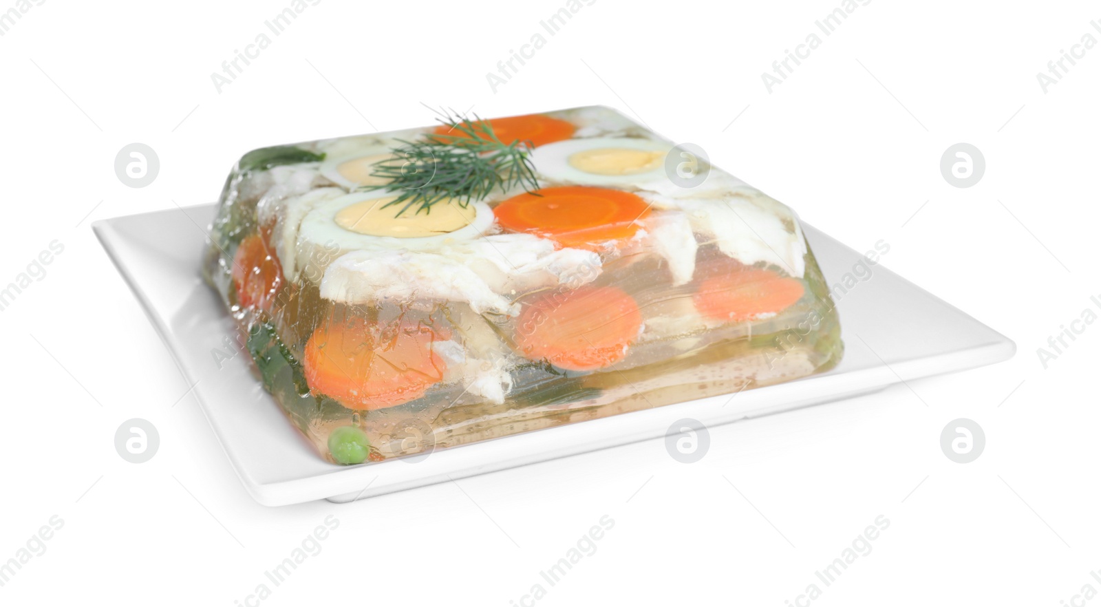 Photo of Delicious fish aspic in plate isolated on white