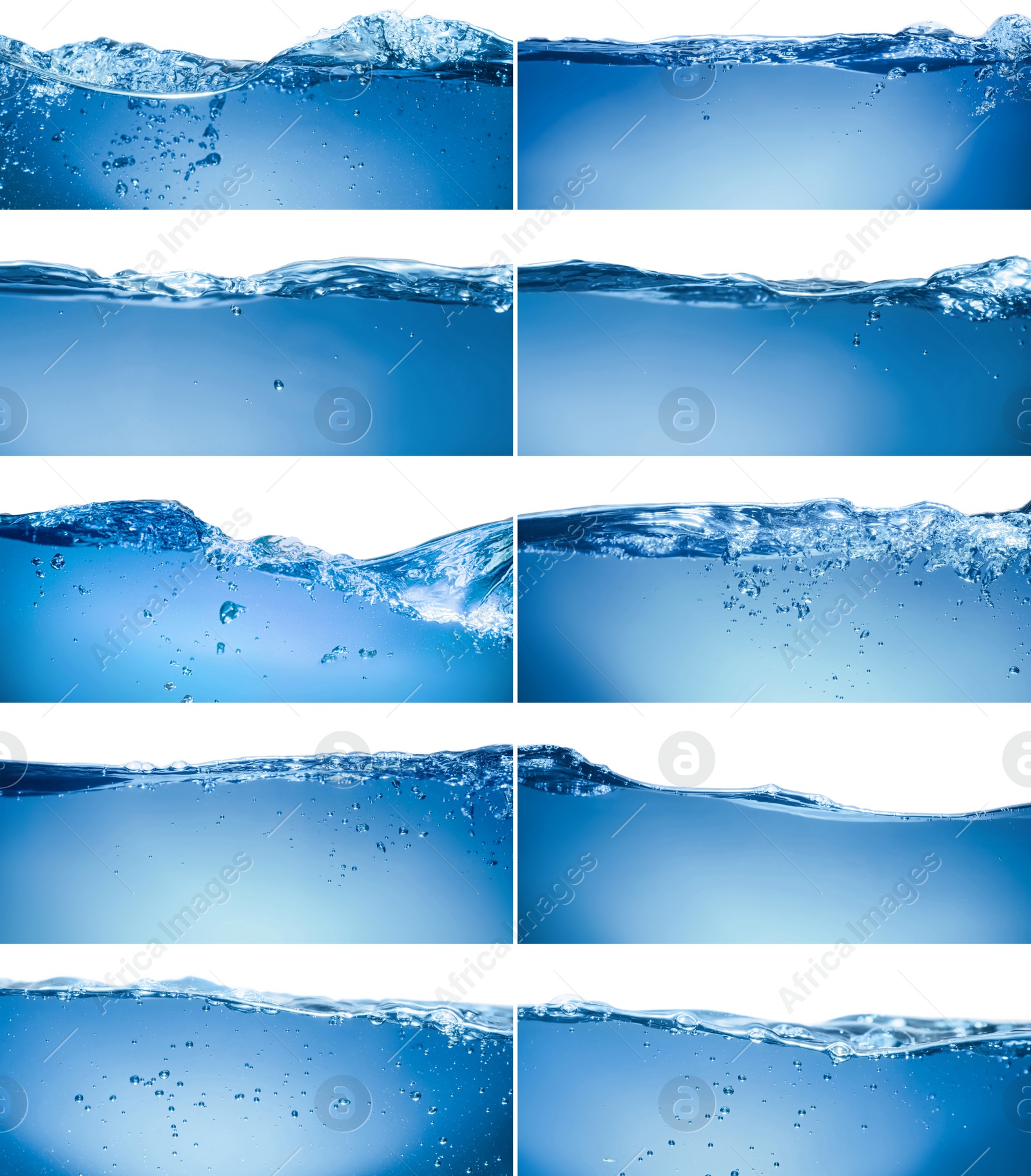 Image of Collage with different beautiful water waves on white background