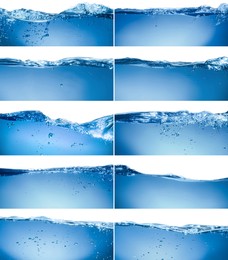 Collage with different beautiful water waves on white background