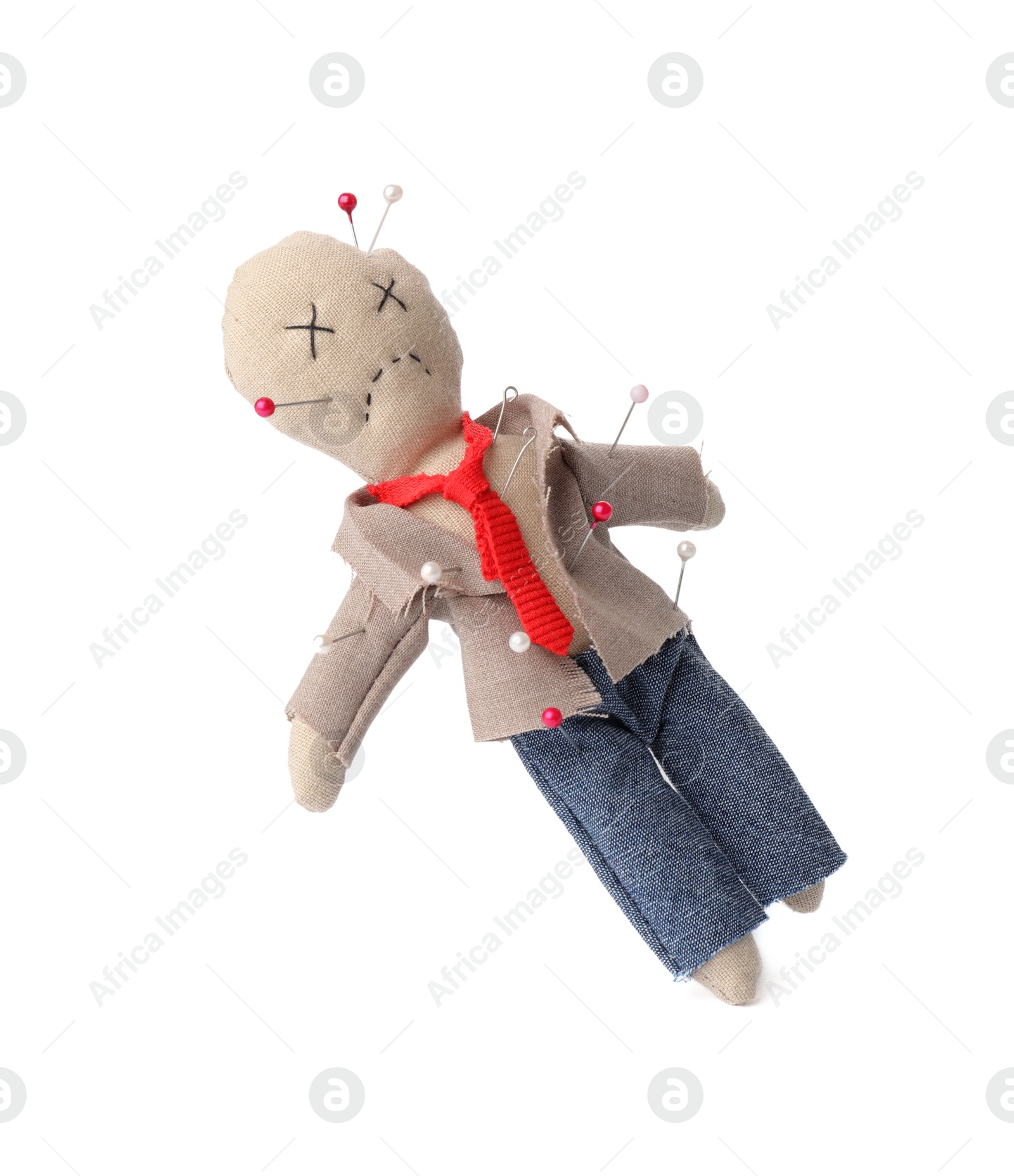 Photo of Voodoo doll dressed as businessman with pins isolated on white