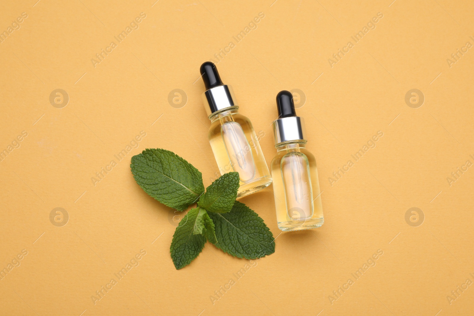 Photo of Bottles of essential oil and mint on pale orange background, flat lay