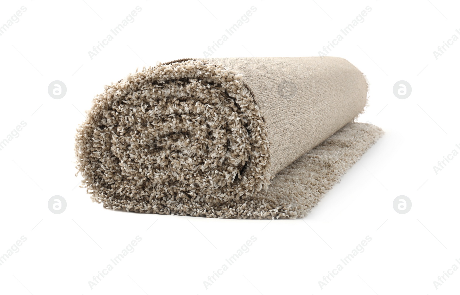 Photo of Rolled fuzzy carpet on white background. Interior element