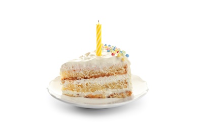 Photo of Slice of delicious birthday cake with candle on white background