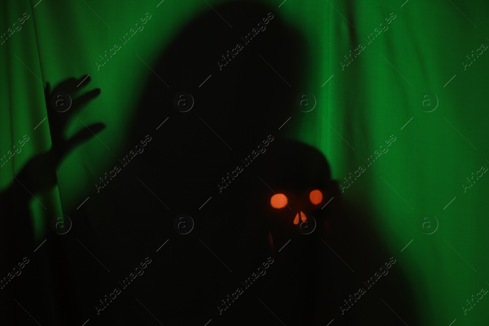 Photo of Silhouette of creepy ghost with skull behind dark green cloth