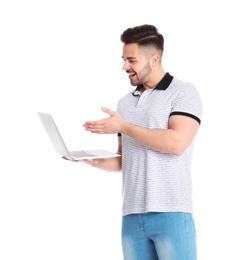 Happy man with laptop on white background