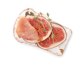 Photo of Sandwich with ripe fig, prosciutto and cream cheese on white background, top view