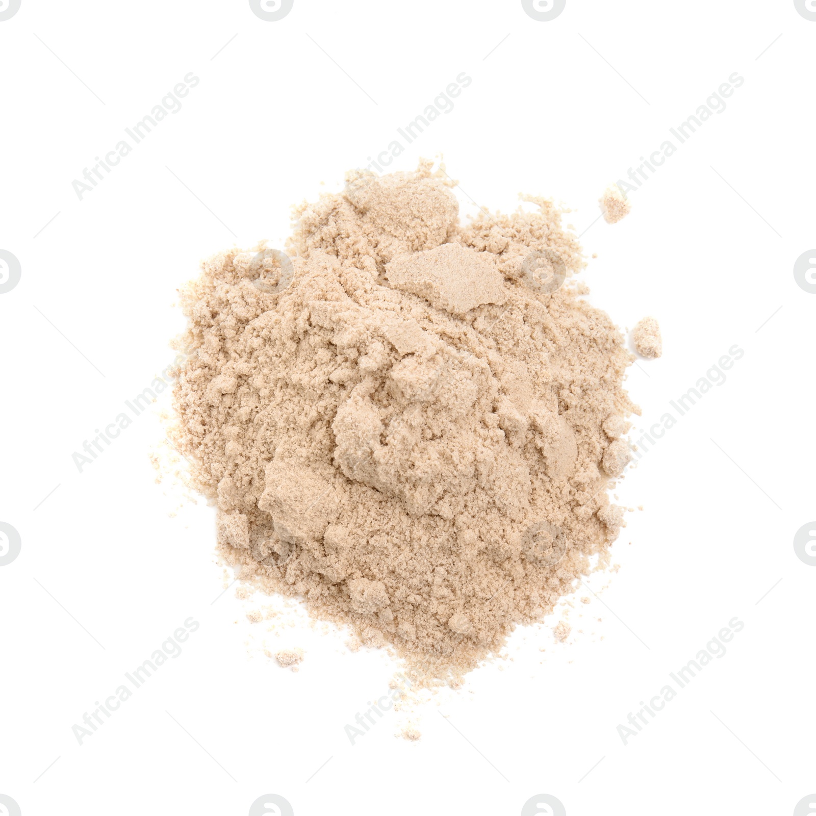 Photo of Pile of buckwheat flour isolated on white, top view