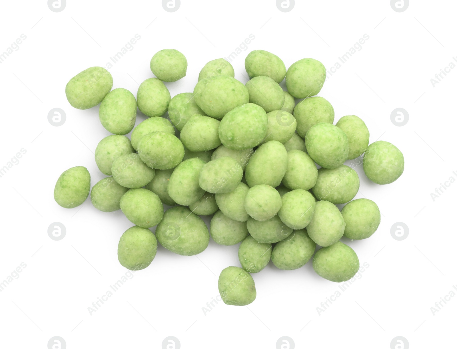 Photo of Pile of wasabi coated peanuts on white background, top view