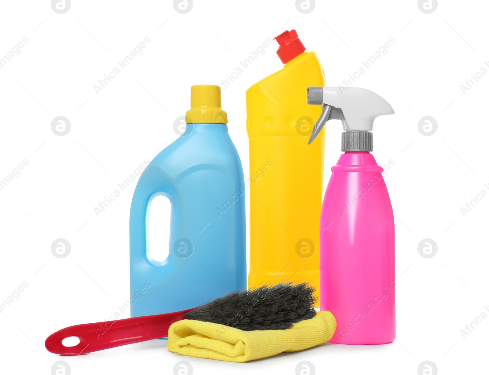 Photo of Different cleaning products and brush on white background