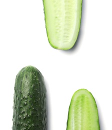 Photo of Flat lay composition with slices of cucumber on white background