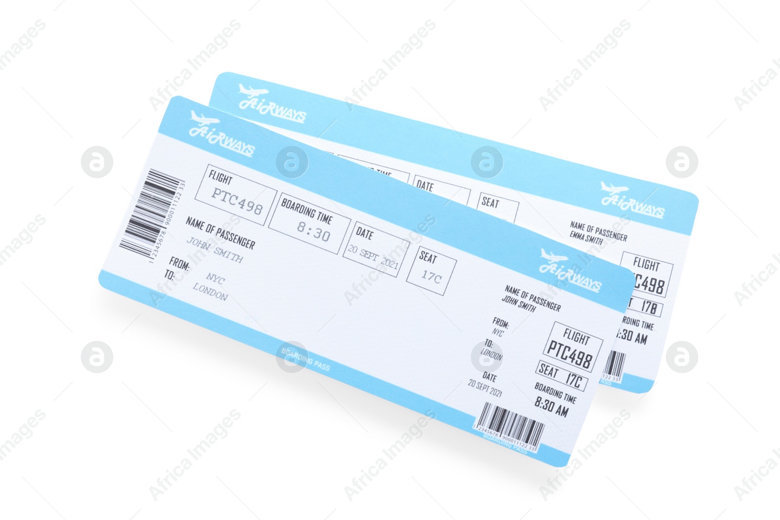 Photo of Tickets isolated on white, top view. Travel agency concept