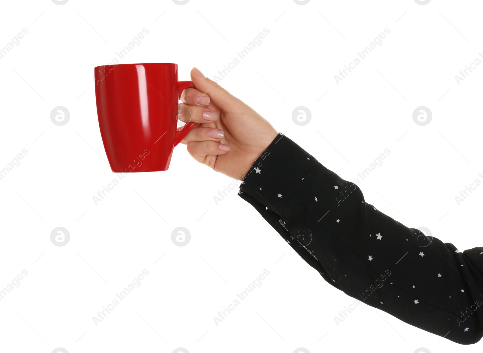 Photo of Woman holding elegant red cup on white background, closeup