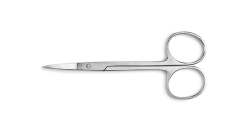 Photo of Surgical scissors on white background, top view. Medical tool