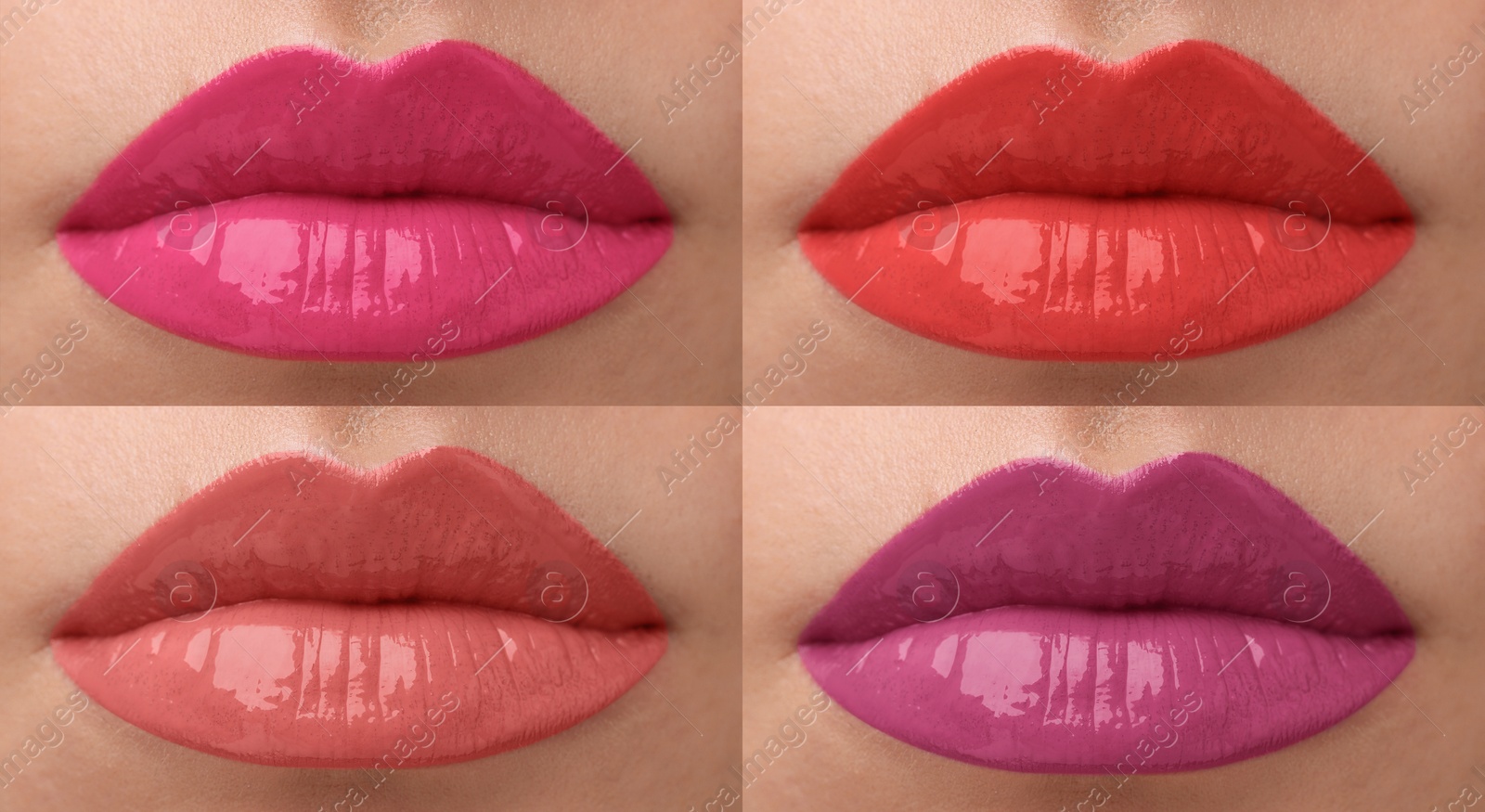 Image of Lip gloss in different colors. Set with photos of woman, closeup