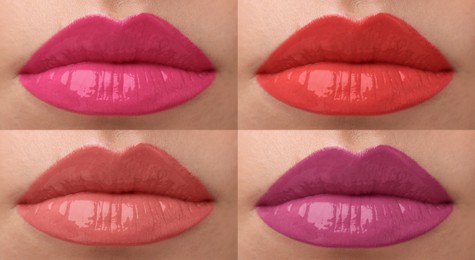 Image of Lip gloss in different colors. Set with photos of woman, closeup
