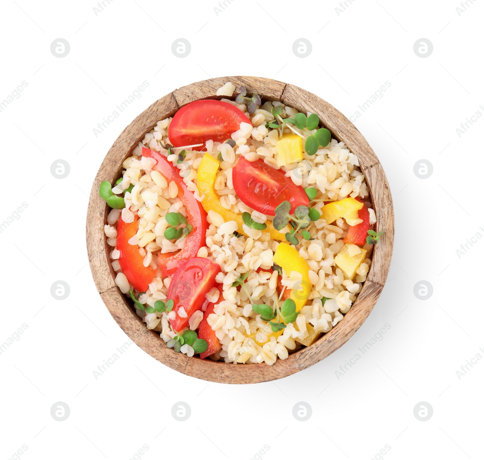 Photo of Cooked bulgur with vegetables in bowl isolated on white, top view