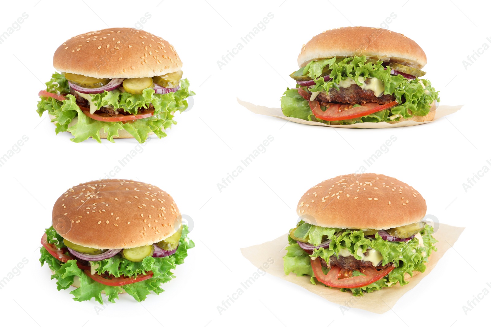 Image of Collage with delicious burgers on white background