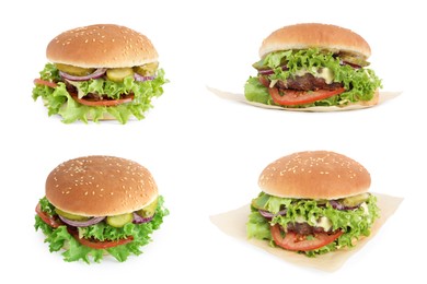 Image of Collage with delicious burgers on white background