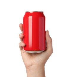 Woman holding red aluminum can on white background, closeup
