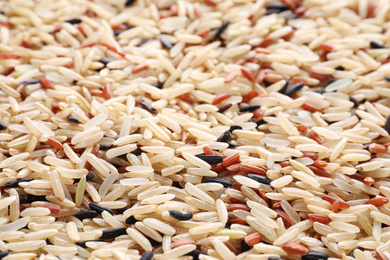 Photo of Mix of different brown rice as background, closeup