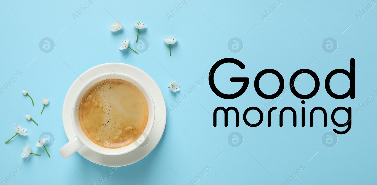 Image of White flowers and coffee on light blue background, flat lay. Good morning