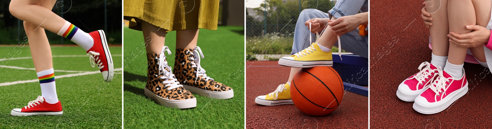 Image of Photos of women in stylish sneakers outdoors, collage design