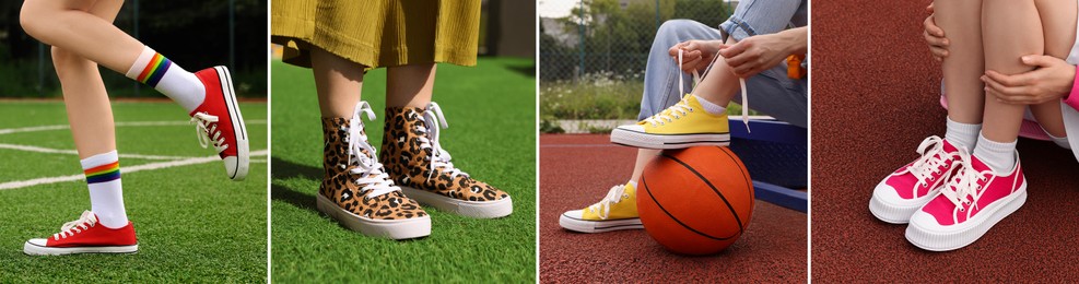 Photos of women in stylish sneakers outdoors, collage design