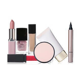 Image of Set with different decorative cosmetics on white background
