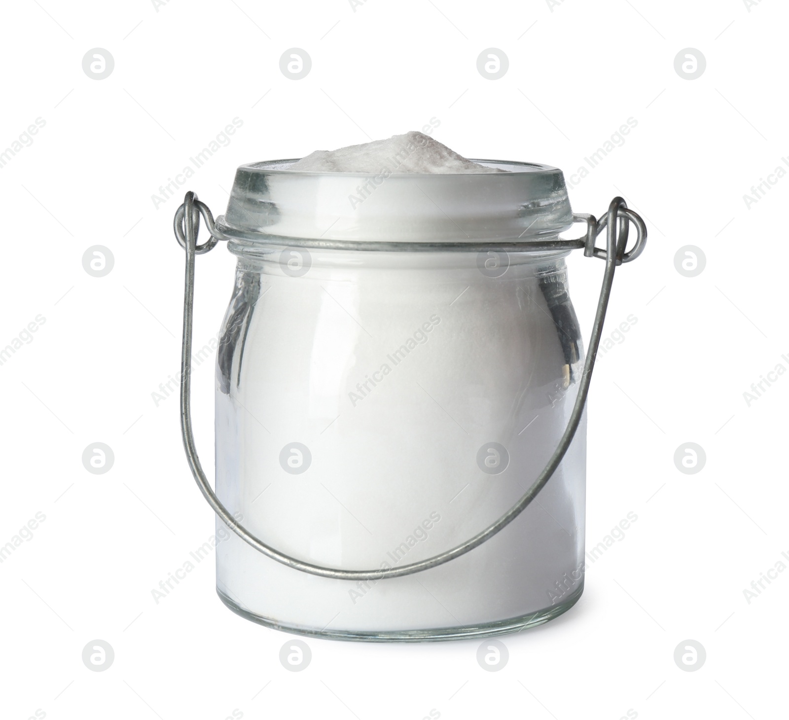 Photo of Baking soda in glass jar isolated on white