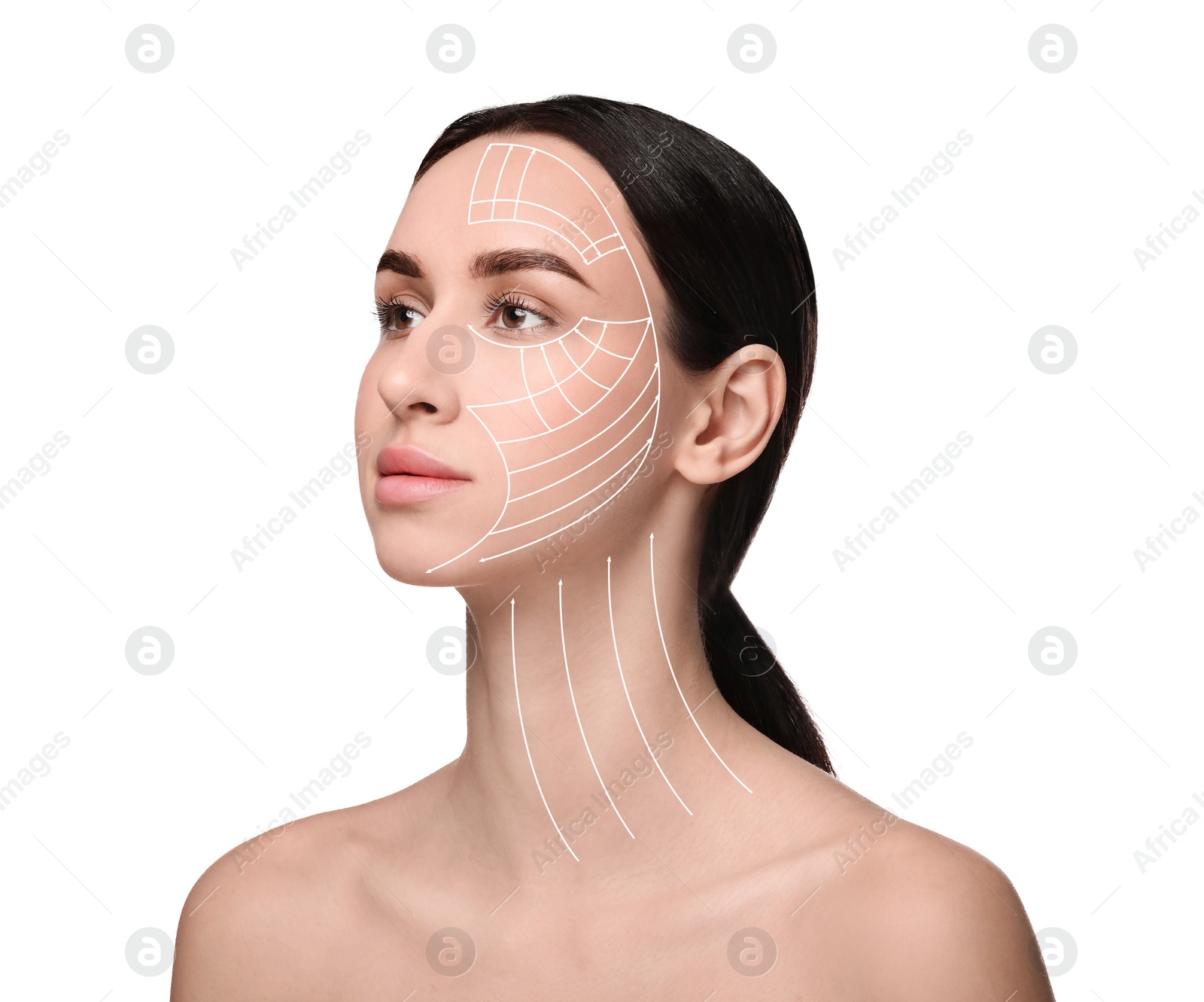 Image of Attractive woman with perfect skin after cosmetic treatment on white background. Lifting arrows on her face