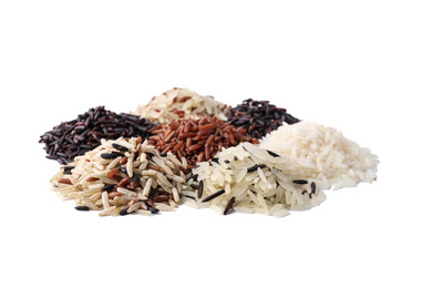 Photo of Different types of brown and polished rice isolated on white