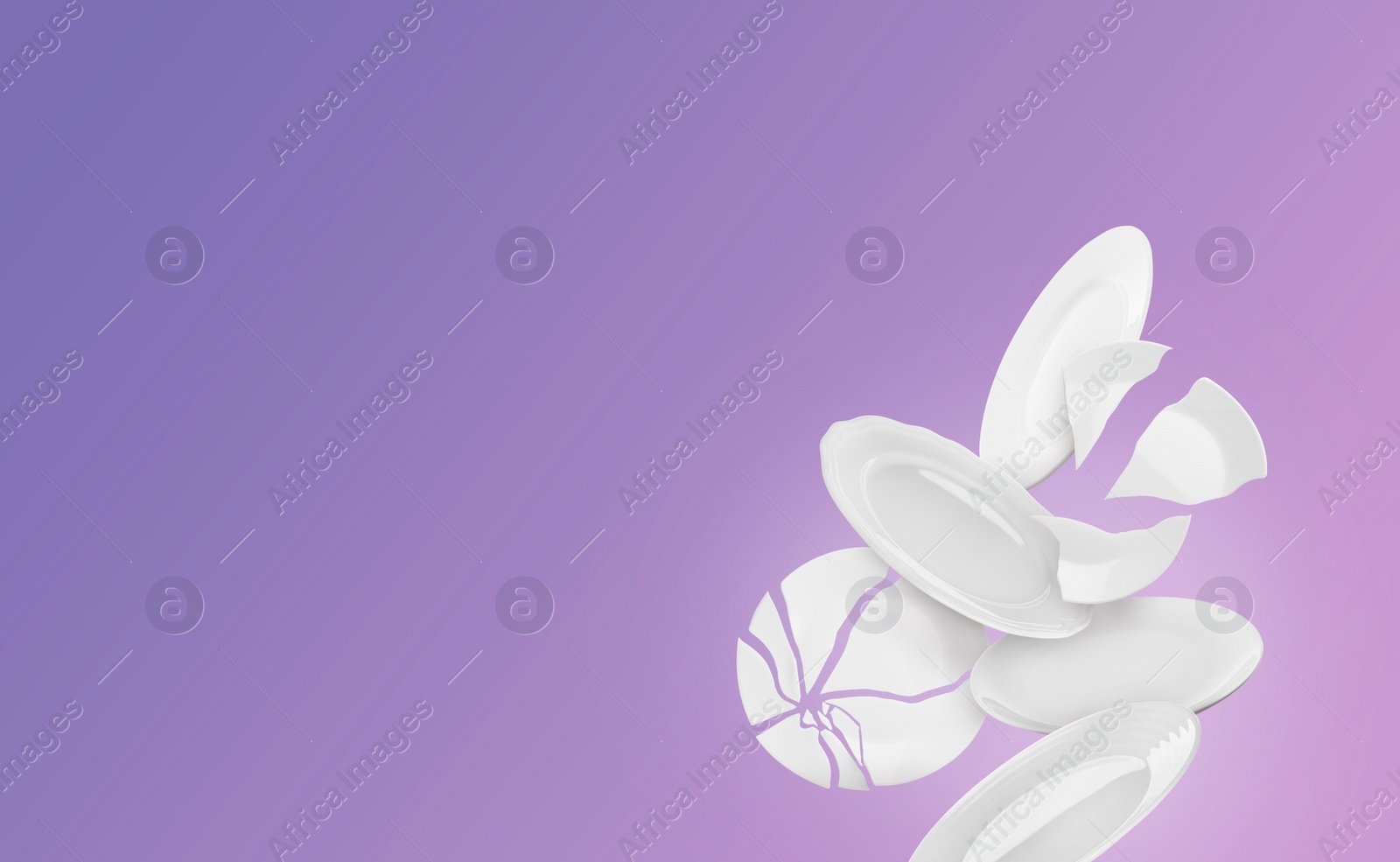 Image of Whole and broken plates falling on pastel violet background, space for text