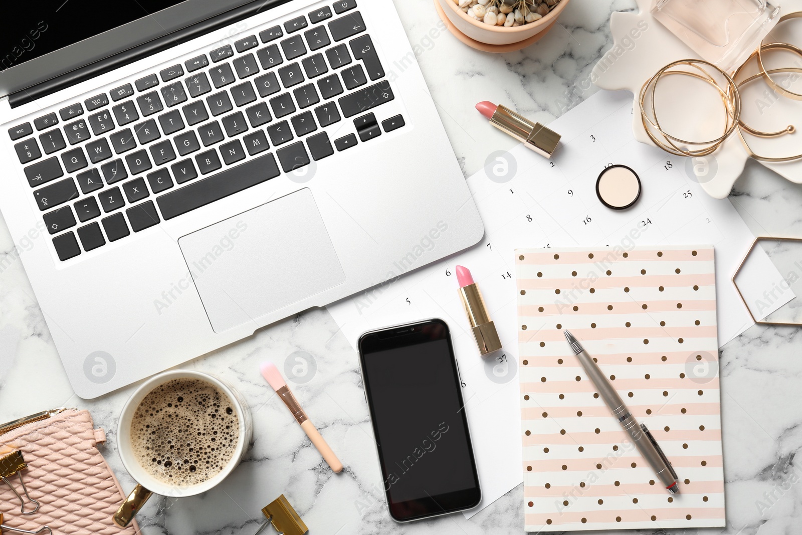 Photo of Set of accessories, coffee, mobile phone and laptop on light background, flat lay. Beauty blogging