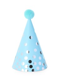 Photo of One light blue party hat with pompom isolated on white