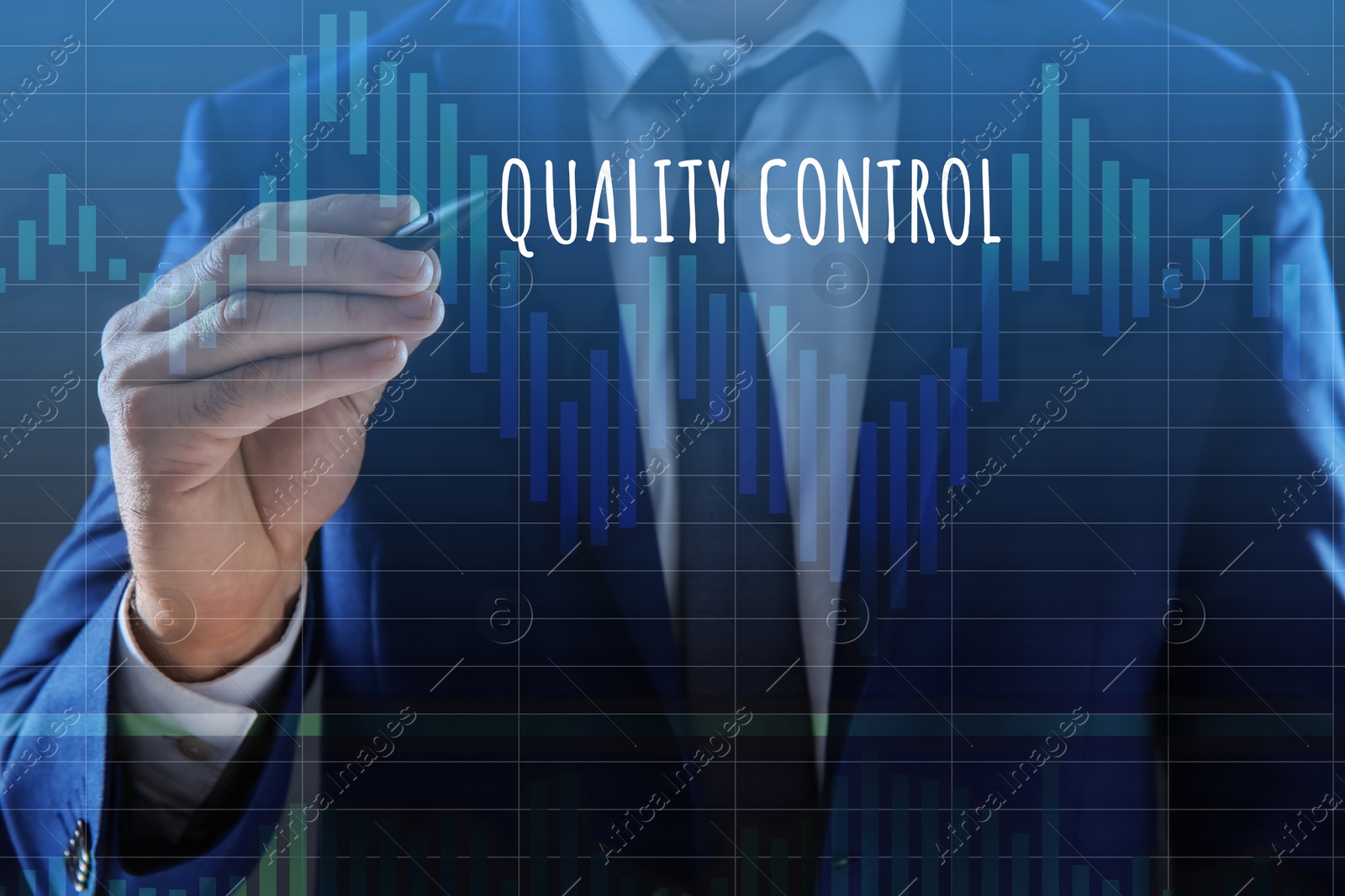 Image of Quality control service. Businessman using virtual screen, closeup