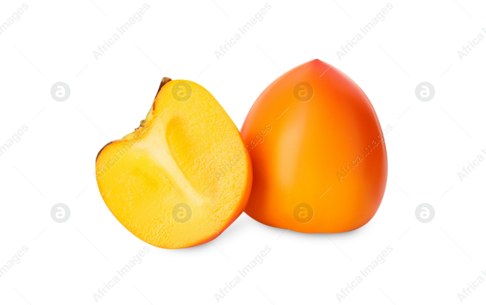 Photo of Whole and cut delicious ripe juicy persimmons on white background