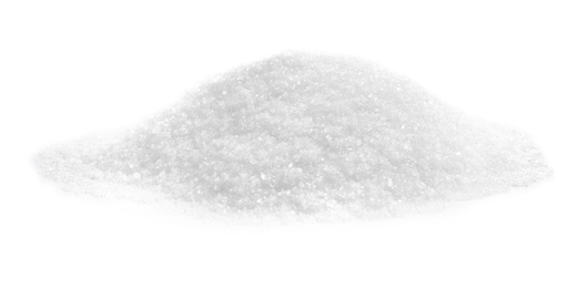 Photo of Pile of granulated sugar isolated on white