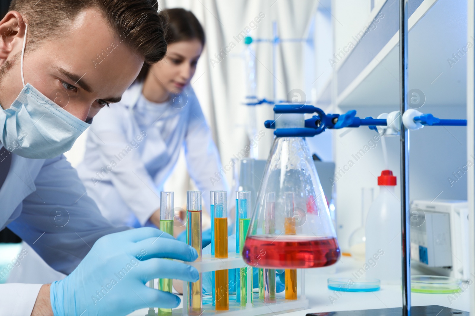 Photo of Scientist taking test tube from rack indoors. Laboratory analysis