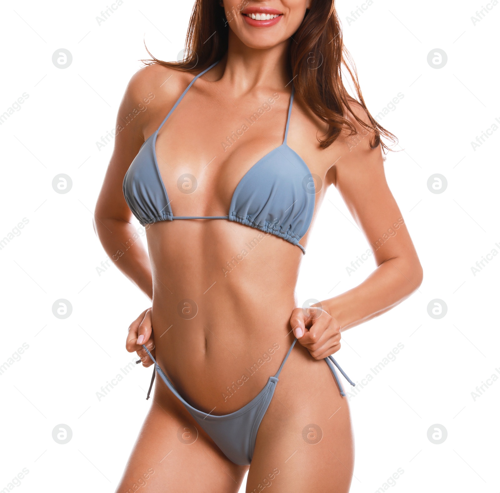 Photo of Woman in stylish bikini on white background, closeup