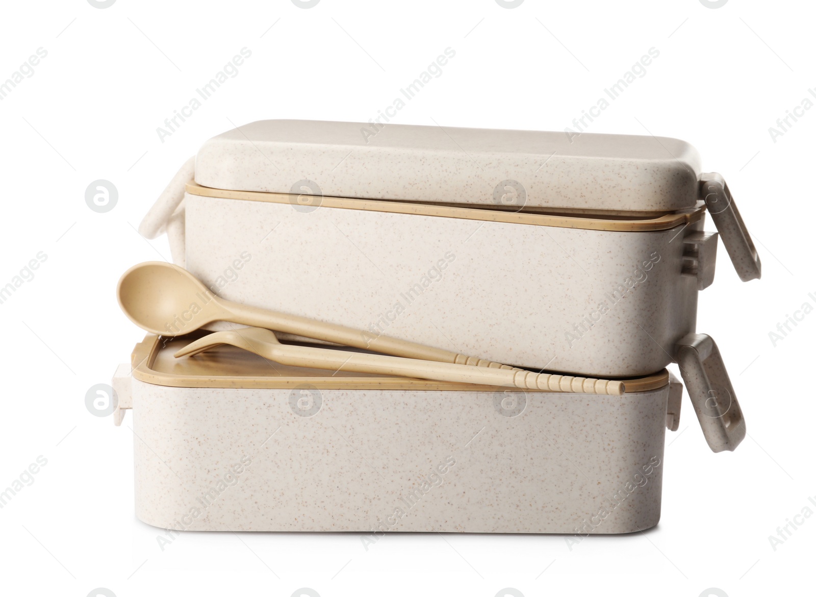 Photo of Eco friendly lunch boxes with cutlery on white background. Conscious consumption
