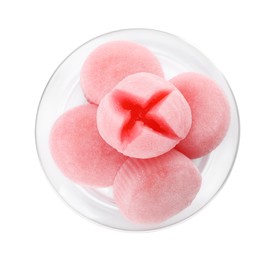 Glass plate with delicious mochi on white background, top view. Traditional Japanese dessert