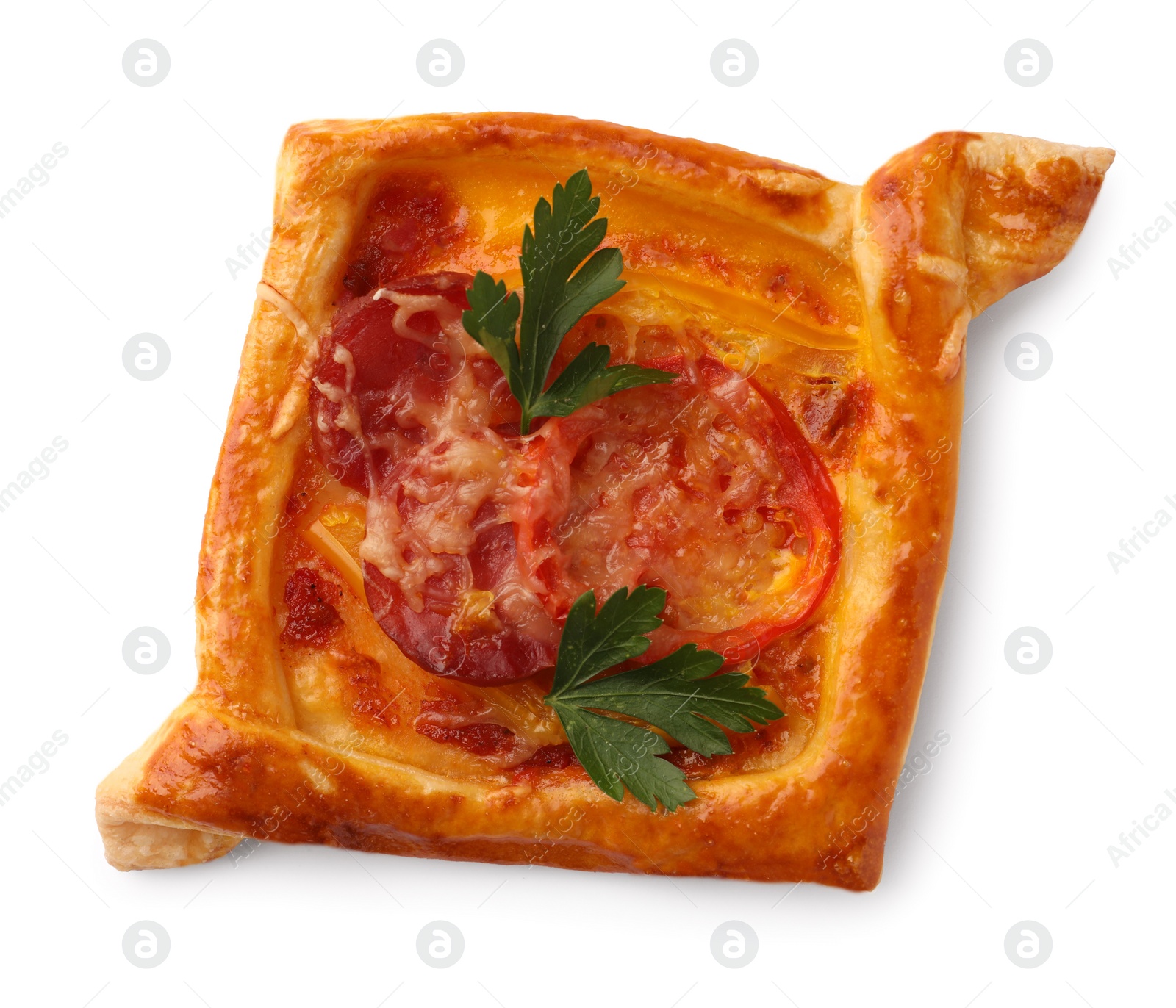 Photo of Fresh delicious puff pastry with cheese, tomatoes and parsley on white background, top view