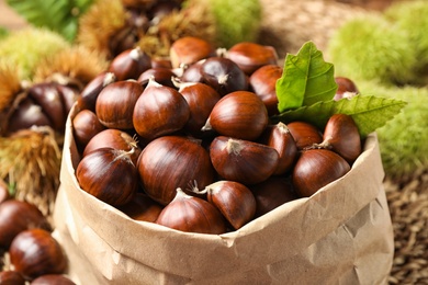 Fresh sweet edible chestnuts in paper bag, closeup