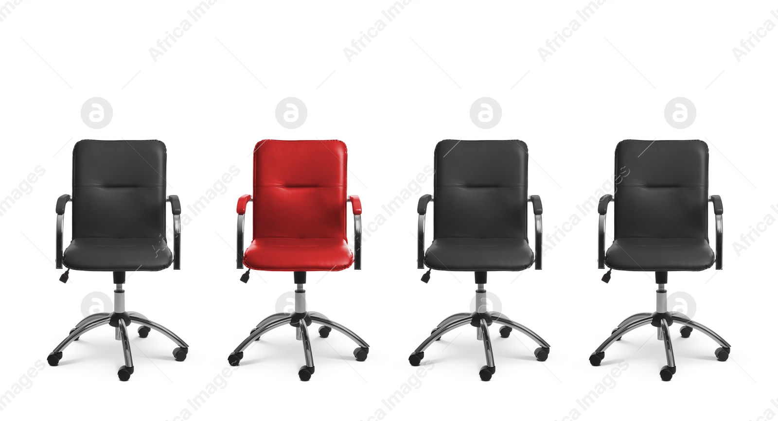 Image of Vacant position. Red office chair among black ones on white background, banner design